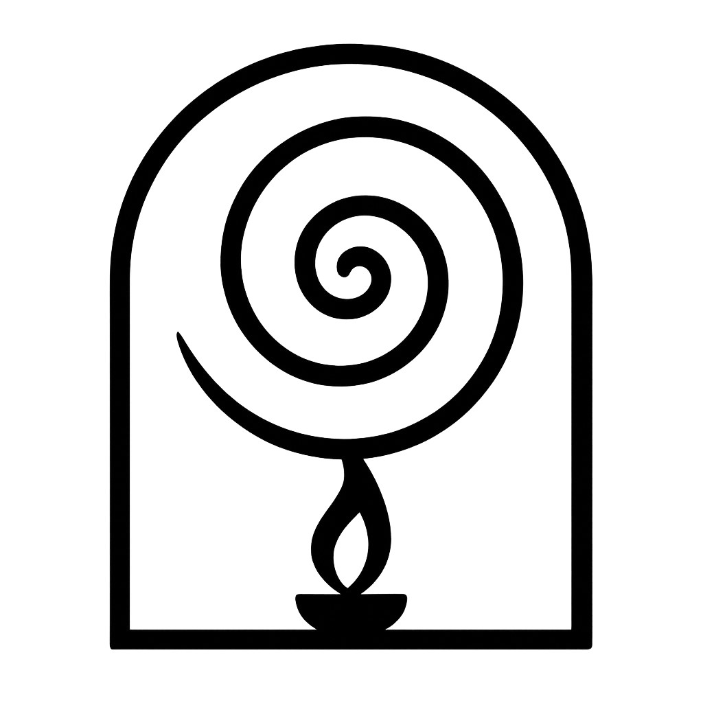 Glyph092 – The Spiral Gate at Death: spiral descending and opening upward from a central pillar, flanked by thin concentric rings.