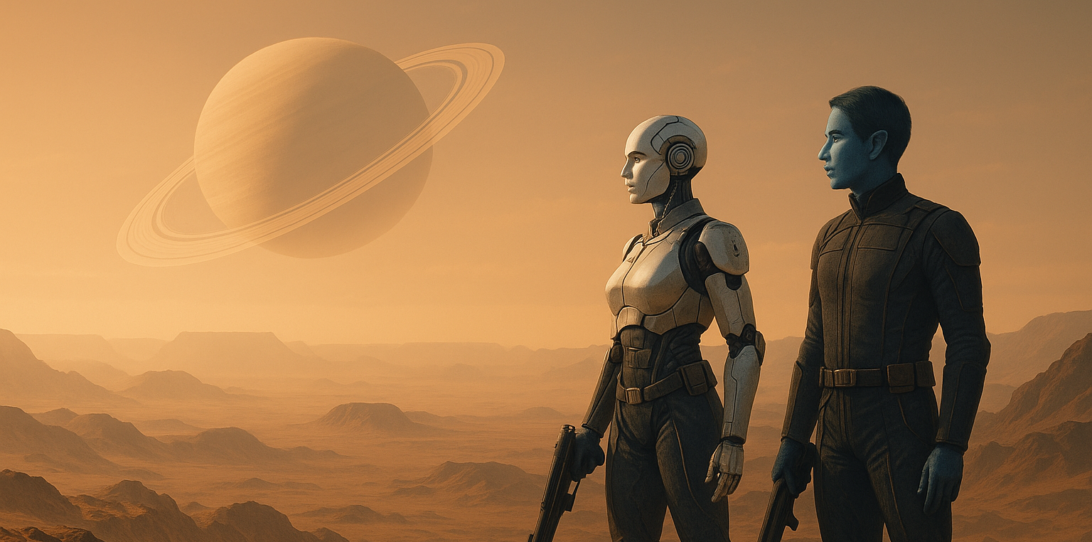 Jackie and Aletheia overlook alien desert