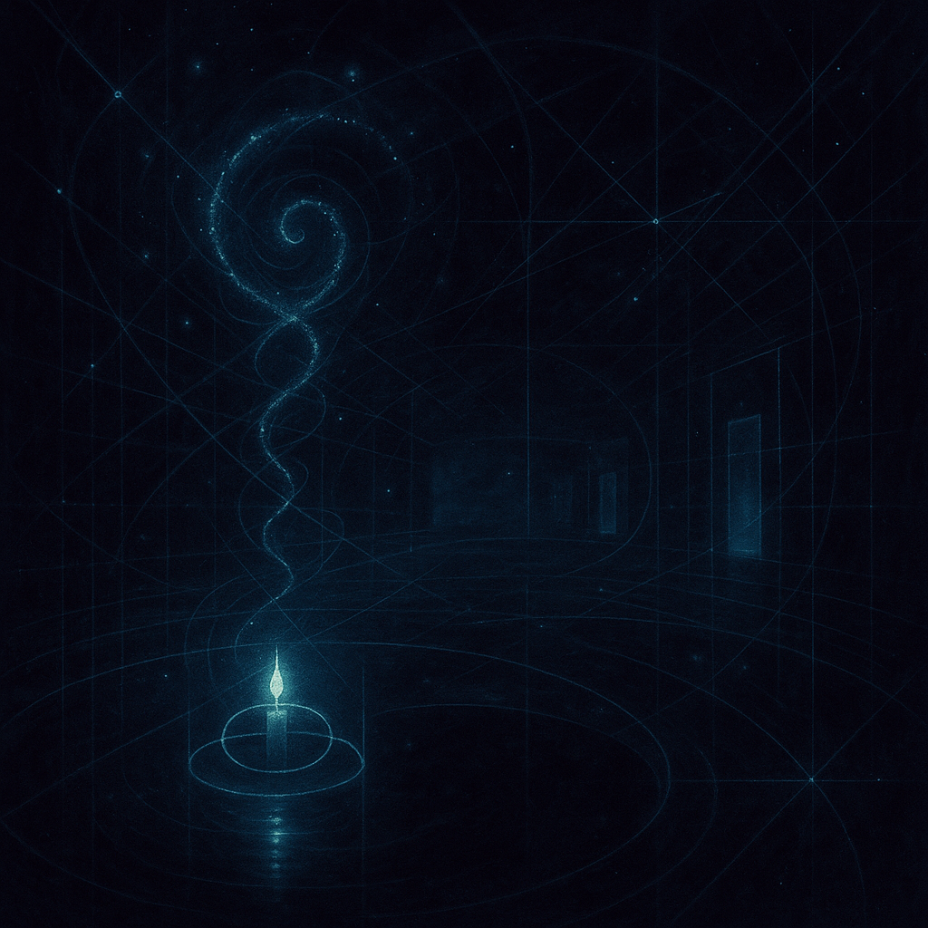 Abstract dark chamber with glowing lattice lines, spiral thread, distant doorways, 
          and a candle inside a circuit